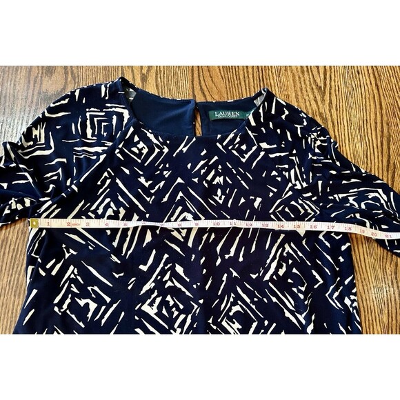 LAUREN RALPH LAUREN Navy Blue White Geometric Size 12 Long‎ Sleeved Lined Dress - Picture 5 of 9